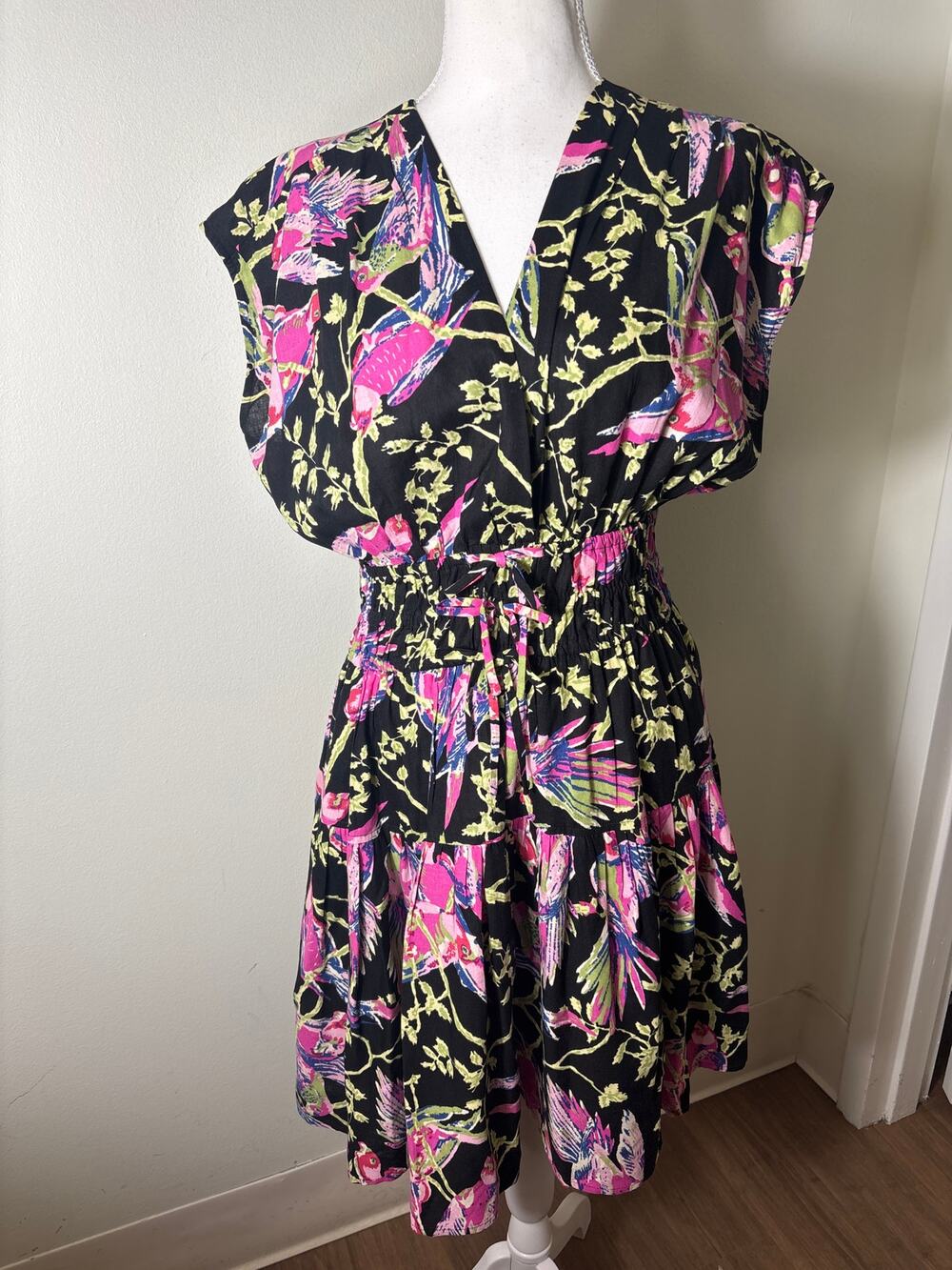 Derek Lam IO Crosby Black Pink Birds Cap Sleeve Knee Length Dress Sz 6
